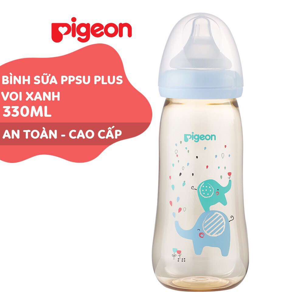 Bình Sữa PPSU Plus Cổ Rộng Pigeon Thỏ Hồng/Voi Xanh 330ml (L)