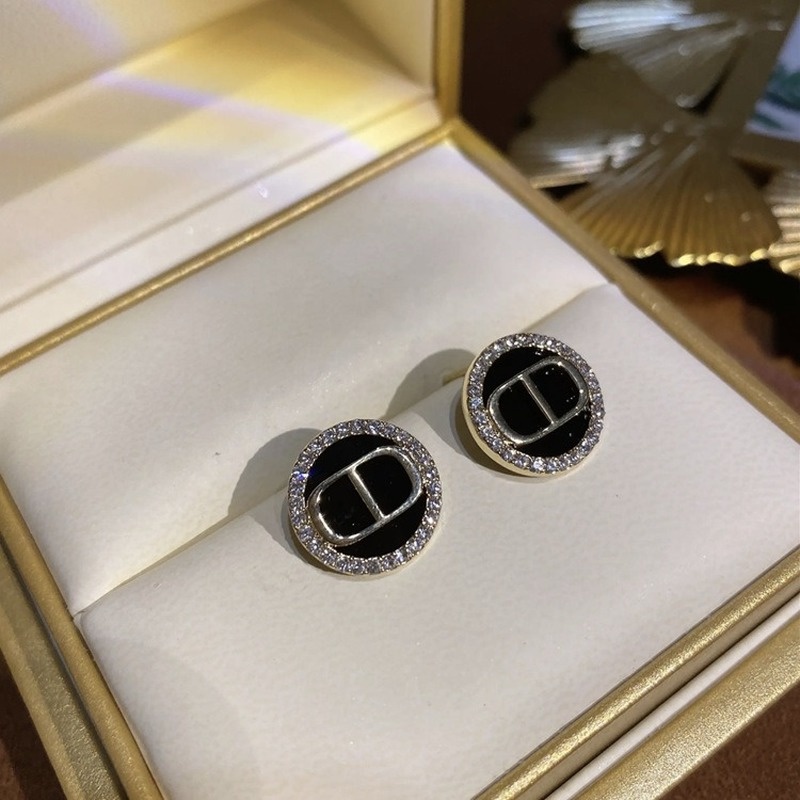 Bông Tai Hình Tròn Màu Bạc/Đen In Chữ CD Phong Cách Hàn Quốc Đơn Giản Thời Trang