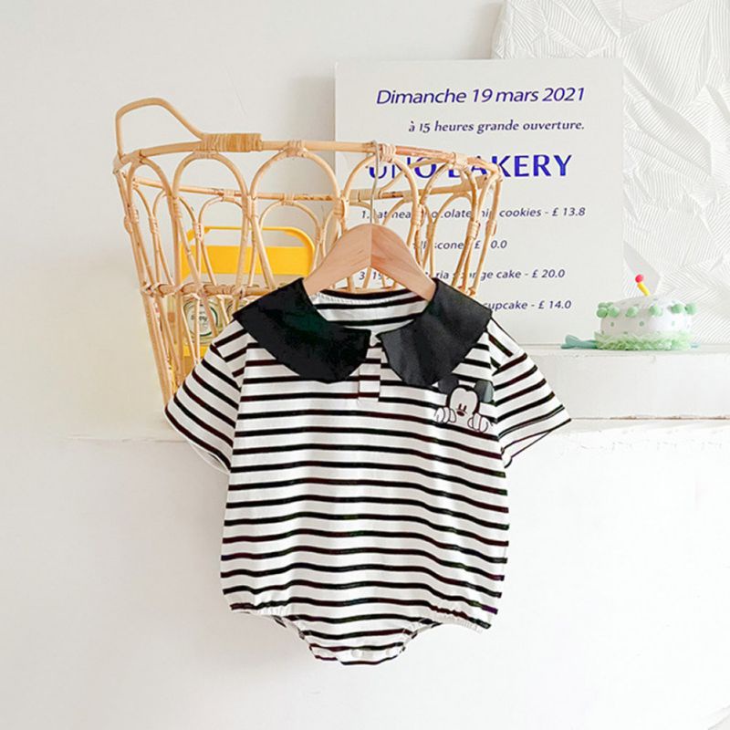 Áo Liền Quần Tam Giác Cổ Thủy Thủ Họa Tiết Hoạt Hình Kẻ Sọc Màu Tương Phản Thời Trang Mùa Hè Cho Bé