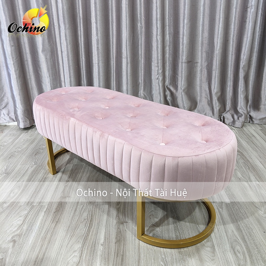 Ghế Dài Sofa Dài 1m2, Ghế băng Dài Cho Shop Hình Bầu Dục Có Nhún Mặt Chân Vàng Cách Điệu ( Sẵn Hàng)