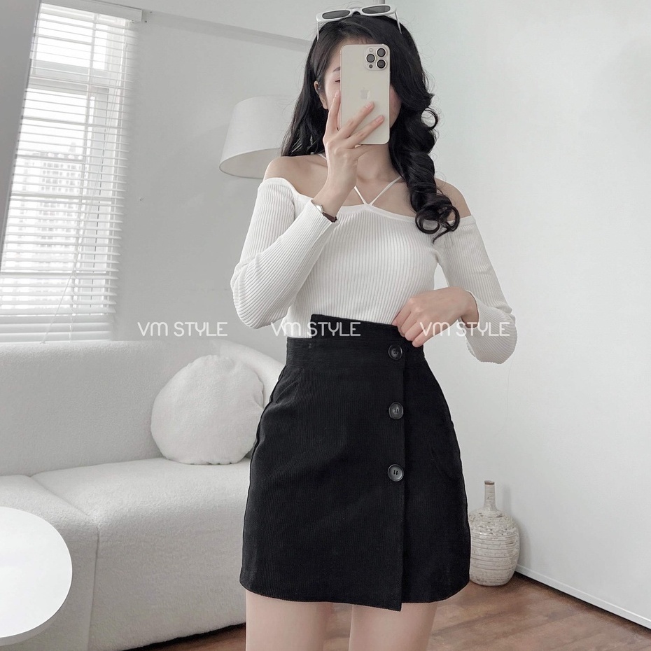 Chân váy nhung Ladya chữ A vạt chéo 3 khuy có lót trong M669