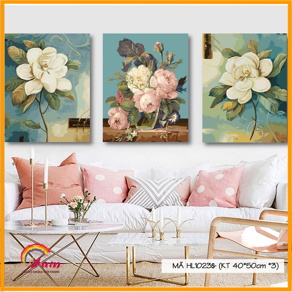 Bộ 3 bức tranh Sơn dầu số hoá DIY tự vẽ - Mã HL1023S Hoa trà hoa nhài trang trí