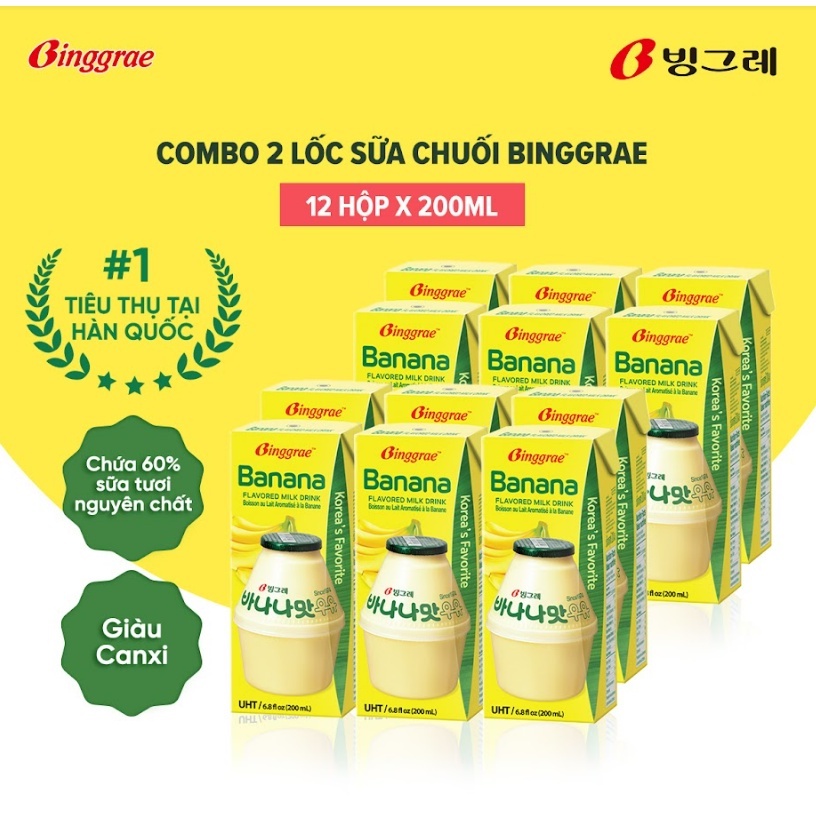 Combo 2 lốc Sữa Chuối Hàn Quốc Binggrae (Lốc 6 Hộp x 200ml)