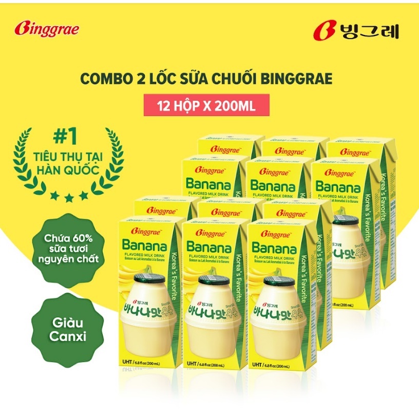 Combo 2 lốc Sữa Chuối Hàn Quốc Binggrae Lốc 6 Hộp x 200ml