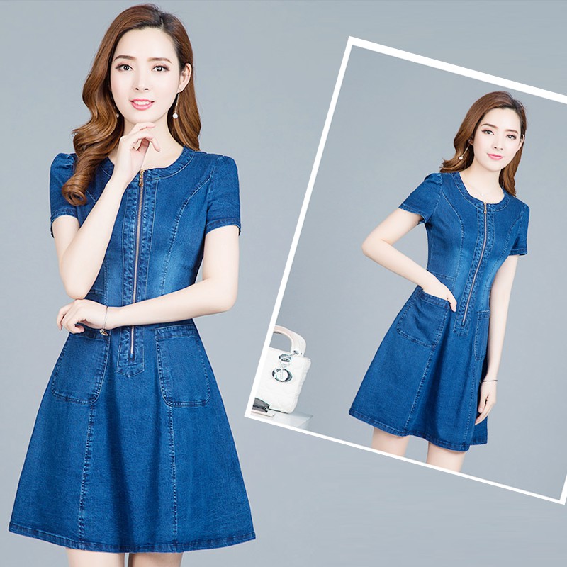 Đầm jean wash cổ tròn dây kéo phối túi có size M đến XXL