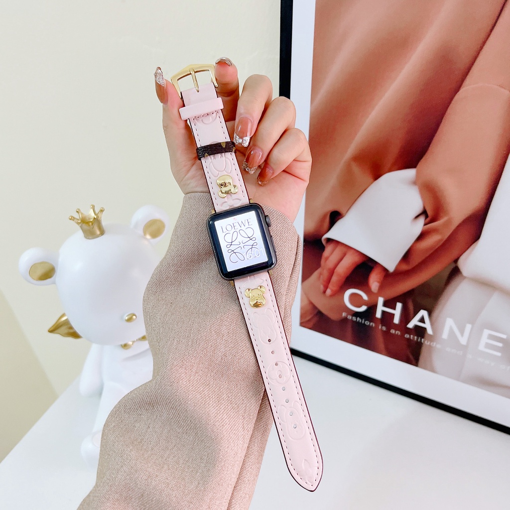 Dây Đeo Bằng Da Thật Có Khóa Hình Gấu Dễ Thương Cho Đồng Hồ Thông Minh Apple Watch Series 8 7 SE 6 5 4 3 2 38 40 41 42 44 45mm