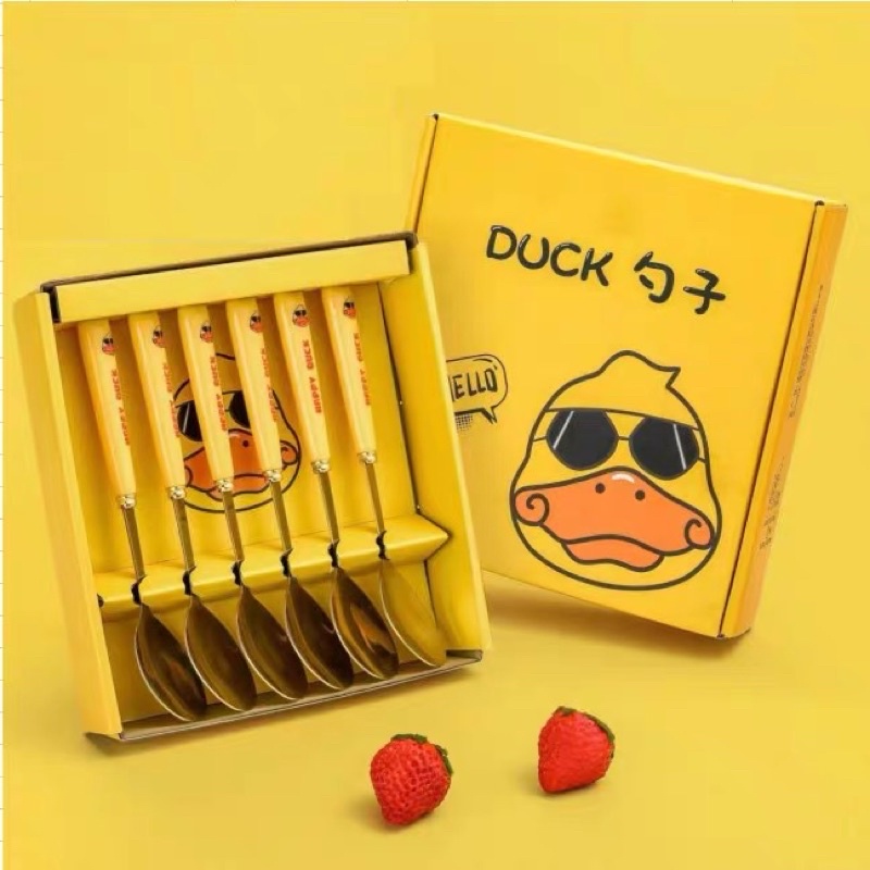 Bộ 6 thìa inox mạ vàng Vịt vàng Duck cán dài muỗng ăn ngộ nghĩnh full hộp