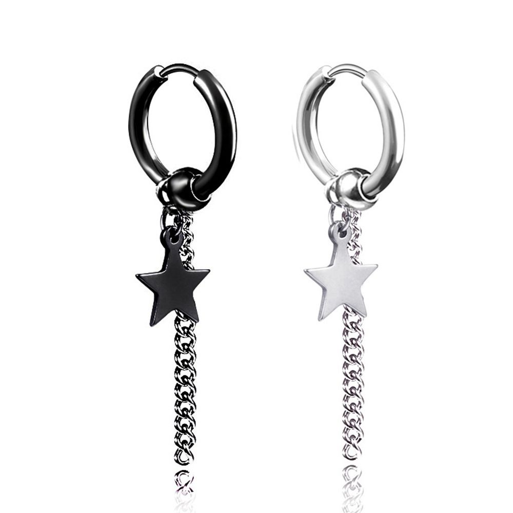 Khuyên tai hình tròn phối chuỗi dây xích/chữ thập/ngôi sao bằng thép không gỉ phong cách hip hop cá tính cho nam