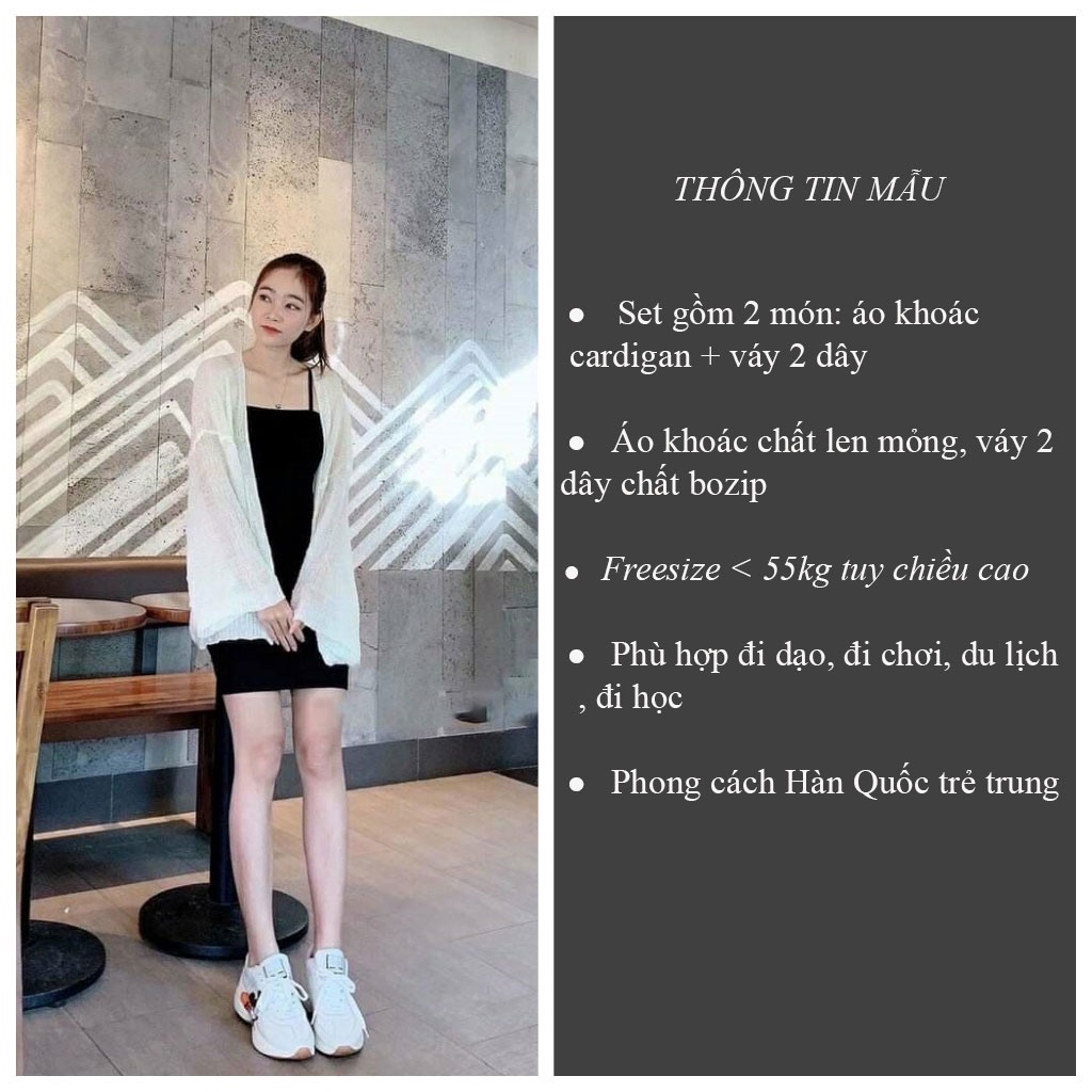 Set áo khoác cardigan len mỏng và váy 2 dây màu đen hot trend - VIECEN | BigBuy360 - bigbuy360.vn