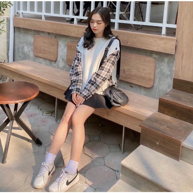 SET áo len trắng tay phối caro + chân váy đen xoè - 22.Lystore