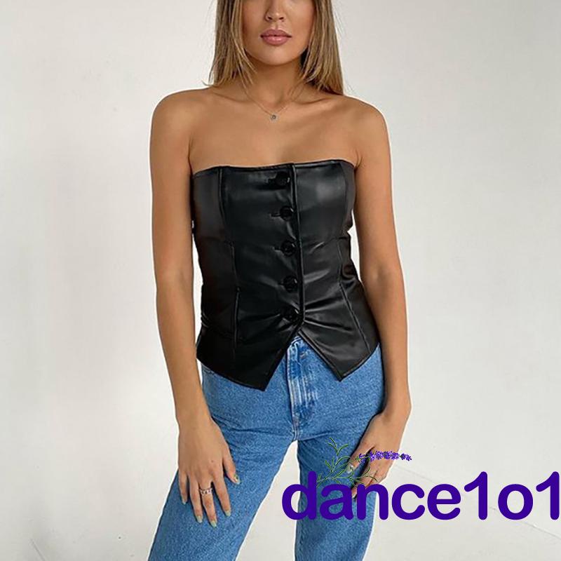 Áo lót da PU cài nút màu trơn quyến rũ cho nữ | BigBuy360 - bigbuy360.vn