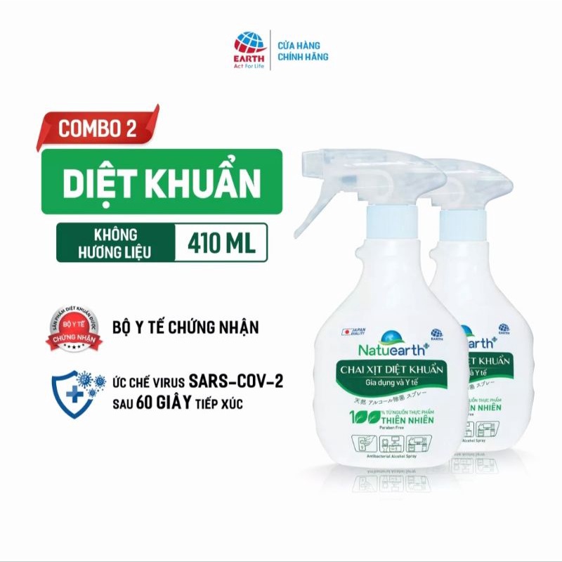 Combo 2 chai xịt diệt khuẩn Natuearth Plus 410 ml - Dùng trong gia dụng và y tế ( Ức chế Virus SARS-CoV-2 )