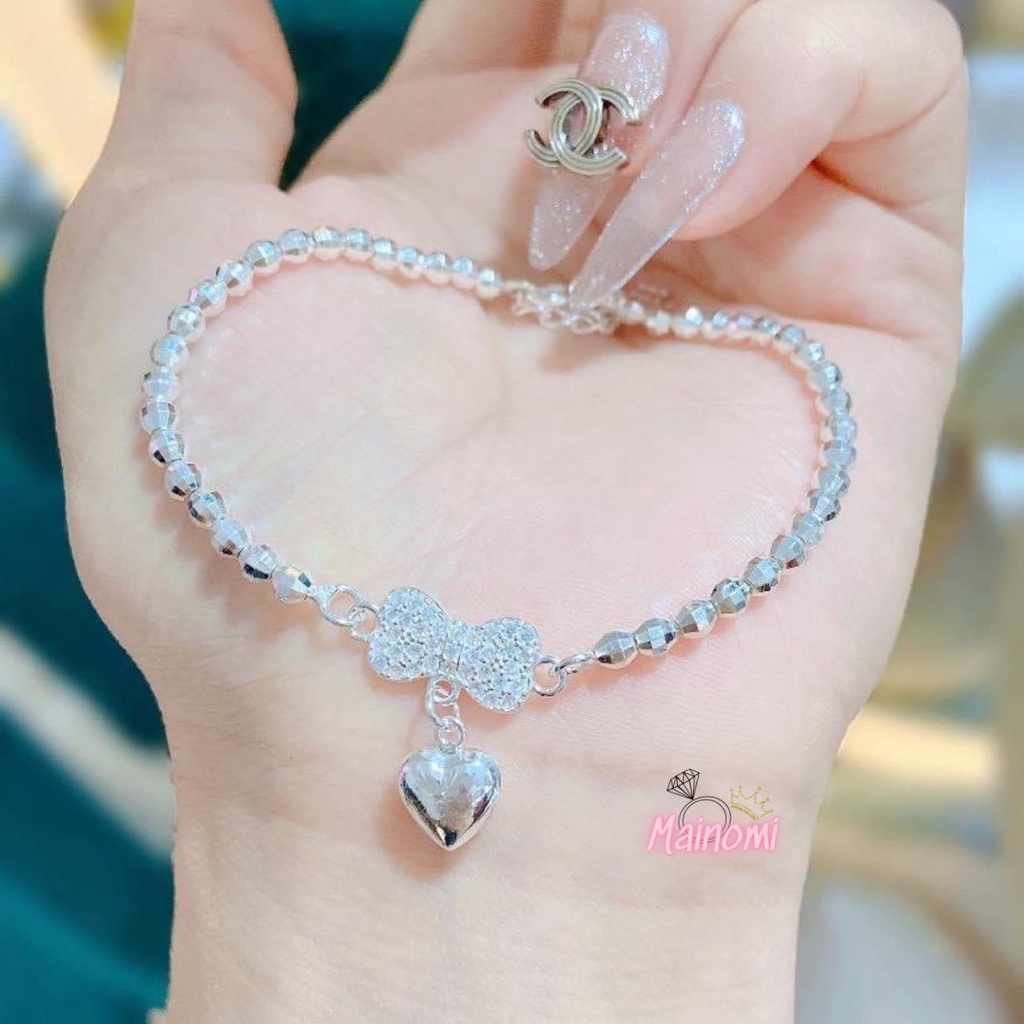 Lắc tay mix nơ Tim trơn có khắc tên chuẩn bạc Mainomi Shop Bạc Xinh