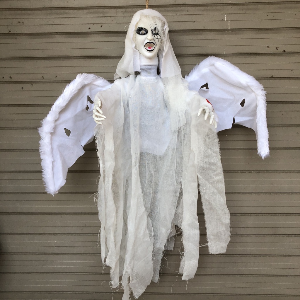 Ma dơi đen trắng có đèn mắt, đập cánh và tiếng hú kinh dị trang trí Halloween