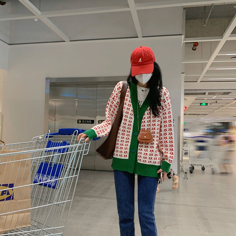 Áo sweater dệt kim in hoa màu đỏ dáng ôm dễ phối đồ phong cách Hàn Quốc