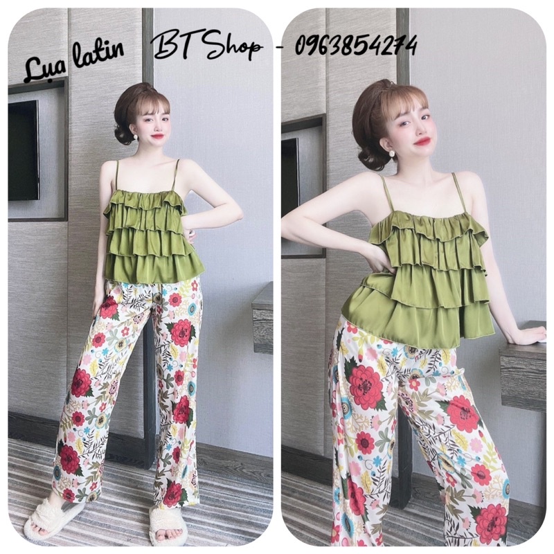Bộ lụa latin 2 dây bèo tầng quần dài hoạ tiết dễ thương freesize từ 42-57kg