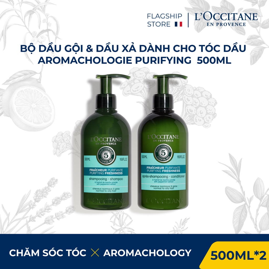 Bộ sản phẩm gội xả dành cho tóc dầu L'Occitane Purifying Shapoo 500ml &amp; Conditioner 500ml