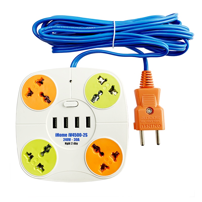 Ổ cắm đa năng nối dài iHome iV4500-2S Ngặt 2 dây chống giật an toàn, 4 Cổng sạc điện USB 5V 2A Điều khiển qua điện thoại