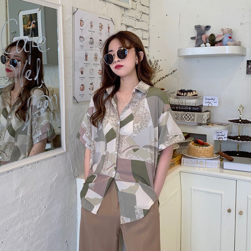 Áo sơ mi tay ngắn in họa tiết phong cách Hàn Quốc cổ điển