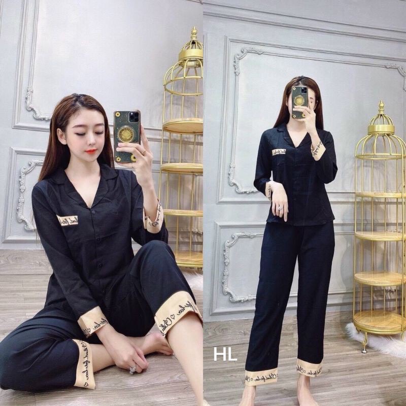 GIÁ SỈ-LH23. set pyjama dài tay phối chữ ký xinh xắn , Chất vải lụa xuông mướt diện nhà trẻ trung 