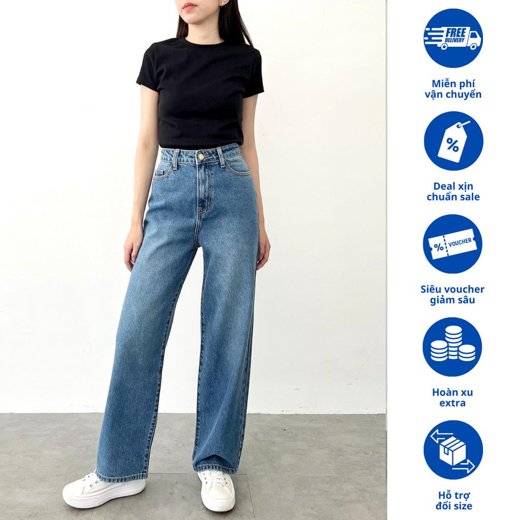 Quần Jeans Nữ Lưng Cao Ống Suông Form Rộng Màu Xanh Wash Rede Jeans-VNXK (L-02B)