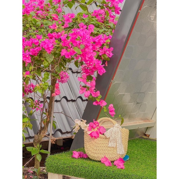 Túi Cói Bán Nguyệt Nơ Xinh Vintage