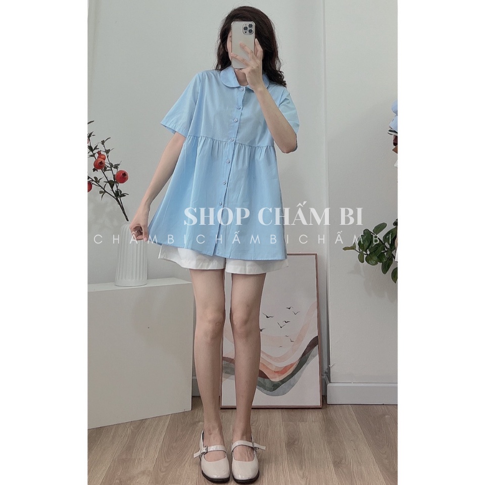Set bộ nữ S.092, Set áo sơ mi dáng babydoll cùng quần short cạp chun ulzzang cực xinh - Thời trang nữ Chấm Bi