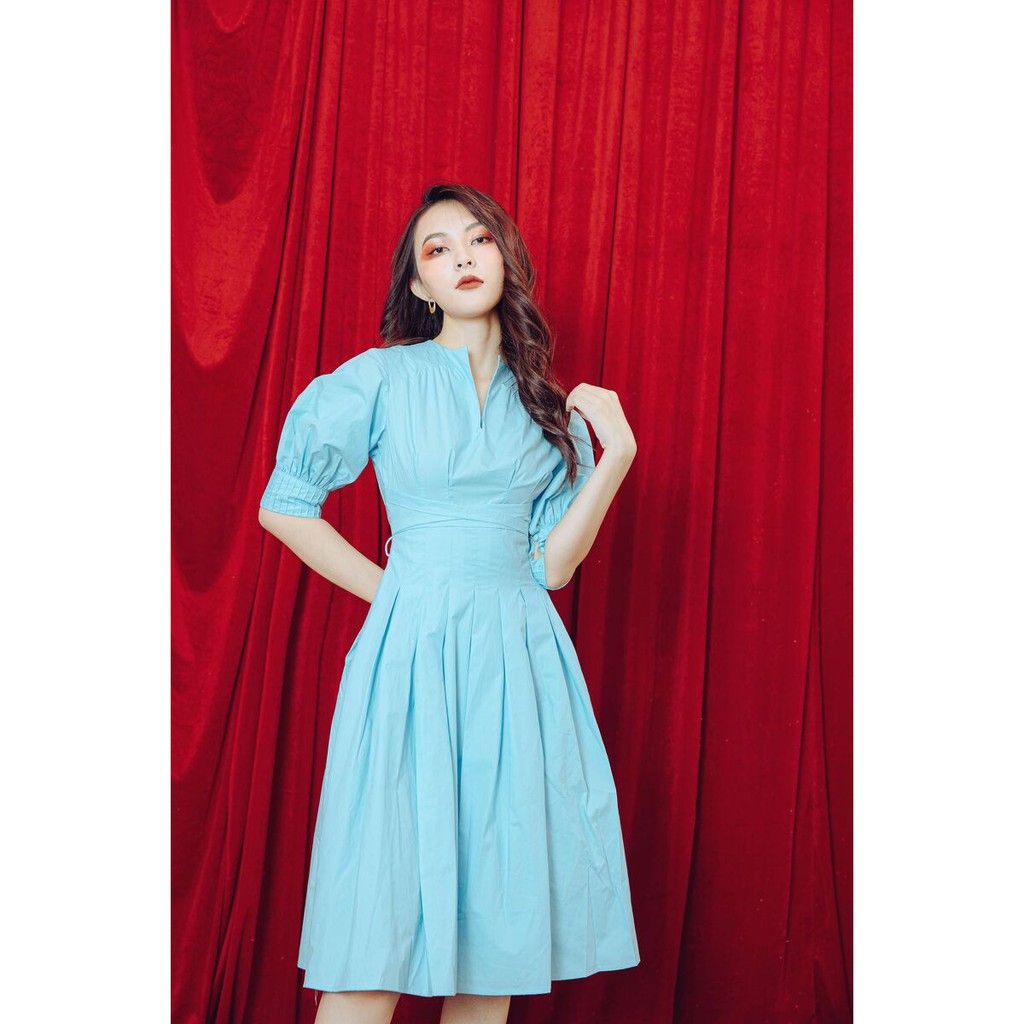 [Thanh lý] Váy Đầm Nơ Eo size L hiệu CChat Clothes màu Xanh Xòe Vintage mới còn nguyên tag