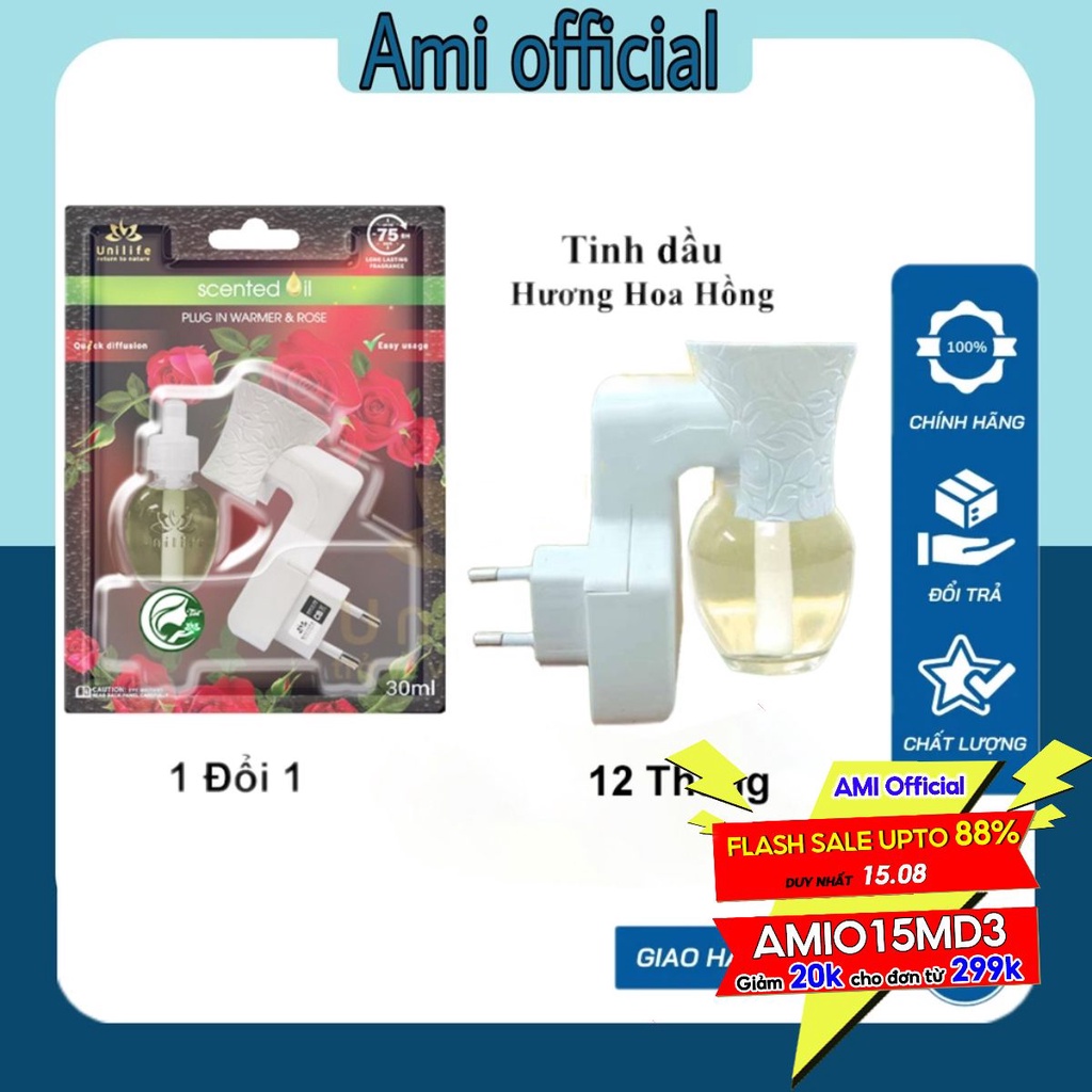 Máy khuếch tán tinh dầu Unilife  , tinh dầu thiên nhiên hương Hoa Hồng, thông minh, công nghệ mới, chai 30ml