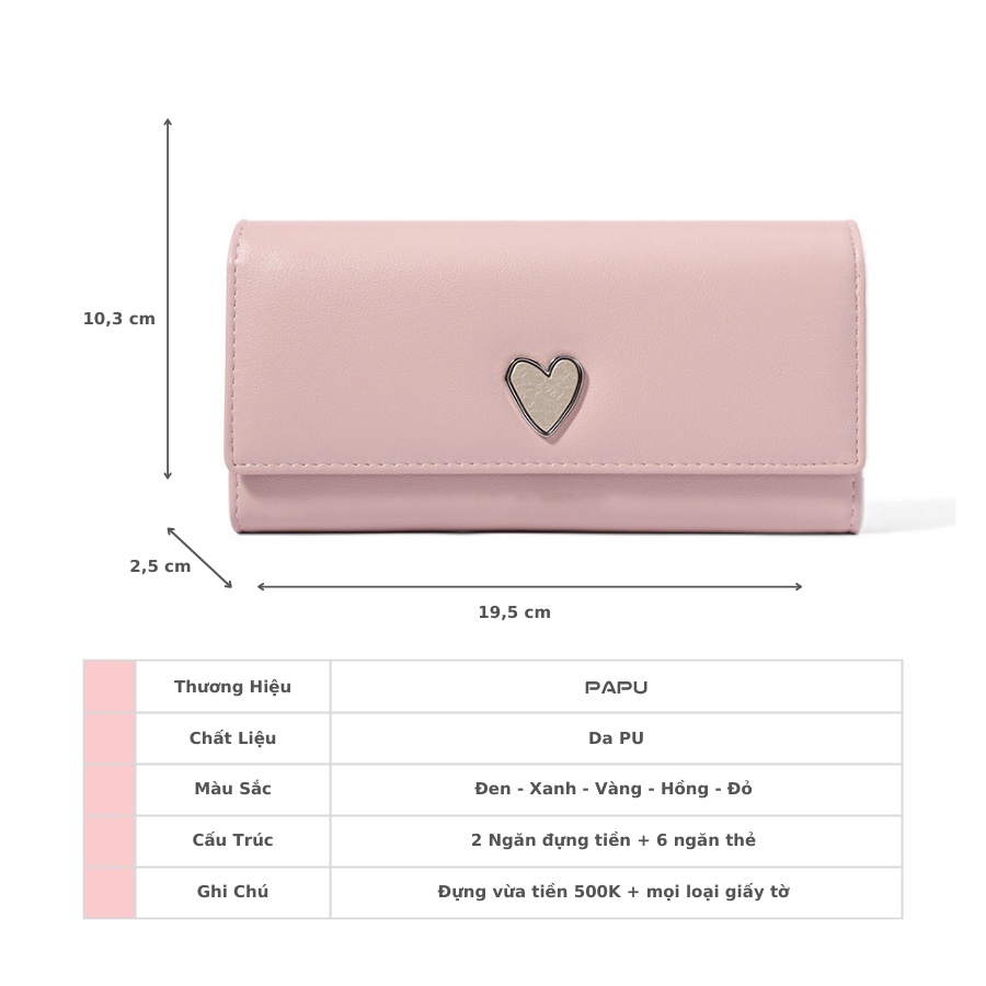 Ví dài nữ cao cấp PaPU VD17,da PU trơn , logo trái tim kim loại siêu dễ thương