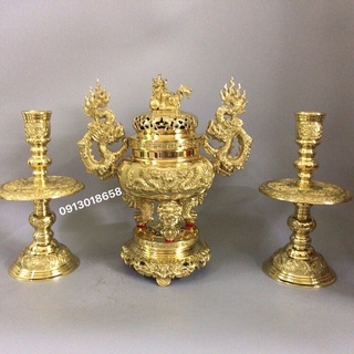 Bộ lư tam sự đỉnh nến bằng đồng cao 40cm, bộ đỉnh tam sự bằng đồng cao 40cm