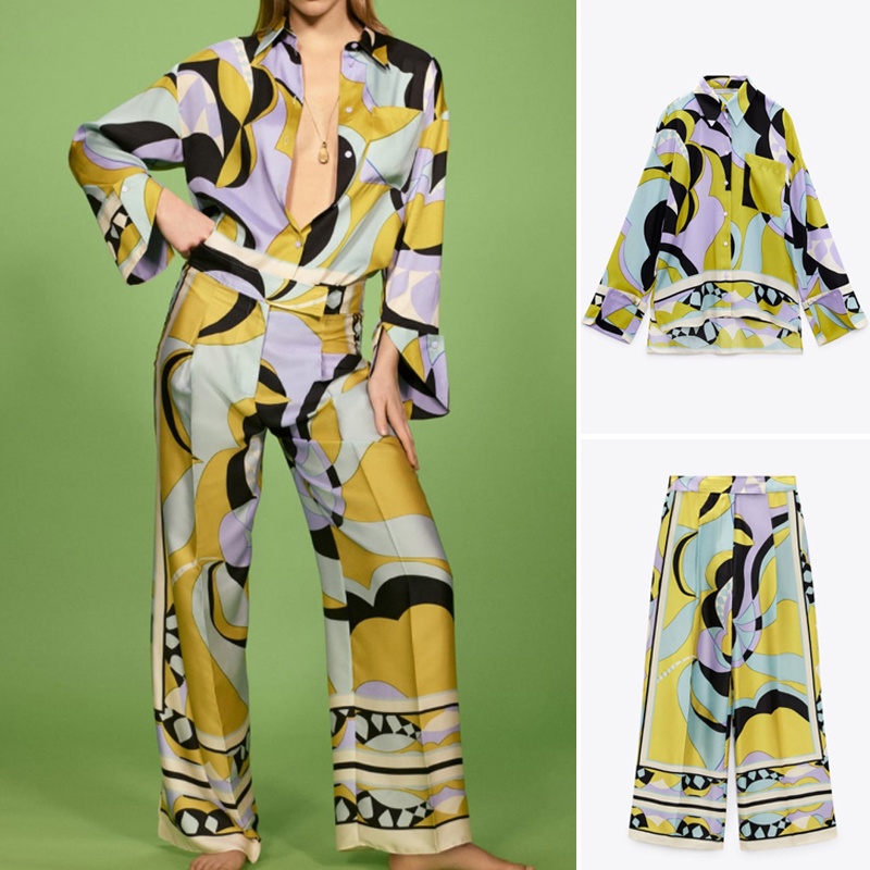 Zara Bộ Áo Sơ Mi In Họa Tiết Phối Túi + Quần Ống Rộng Thời Trang Mùa Xuân 2626150 2663153Áo blouse
