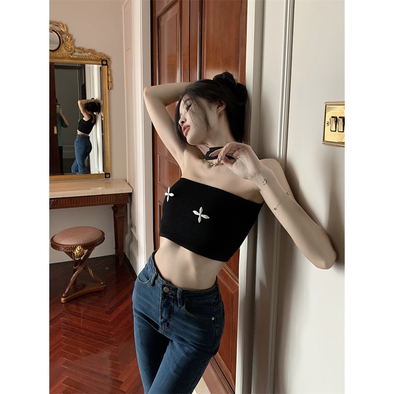 HUANG YOYO Áo Ống Cổ Yếm Dáng Ngắn Phong Cách Hàn Quốc Thời Trang Cho Nữ