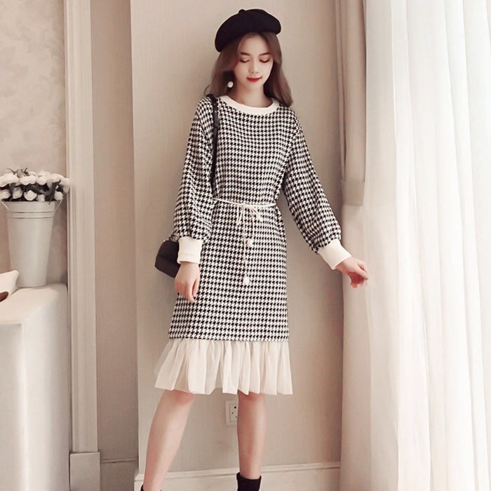 Đầm Len Tay Dài Đến Đầu Gối Họa Tiết Houndstooth Size S-3Xl Thời Trang Mùa Đông