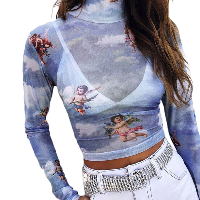 Xiangbao Áo Croptop Tay Dài Cổ Giả In Hình Thiên Thần Tình Yêu Màu Sắc Lãng Mạn Thời Trang Mùa