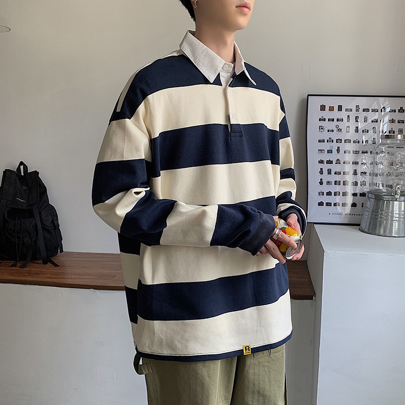 Áo sweater dài tay họa tiết kẻ sọc phối cổ POLO phong cách hoang dã mới dành cho nam