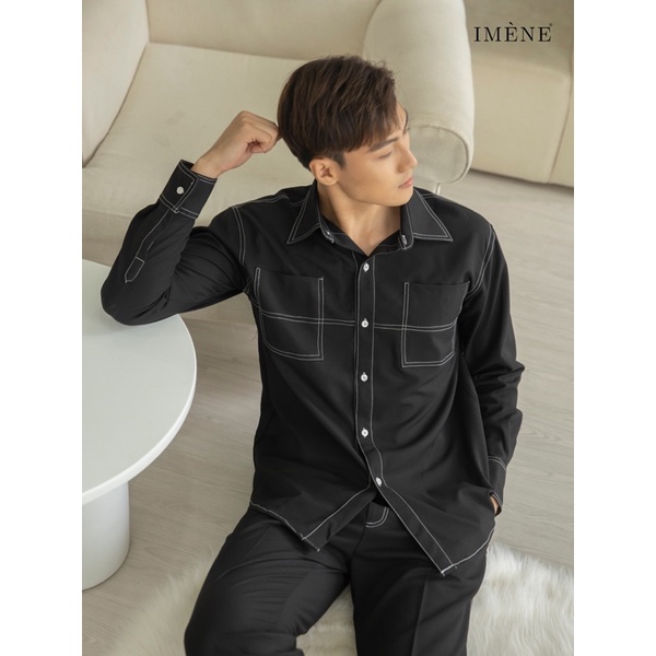 SƠ MI TAY DÀI IMÈNE ĐEN VIỀN CHỈ TRẮNG