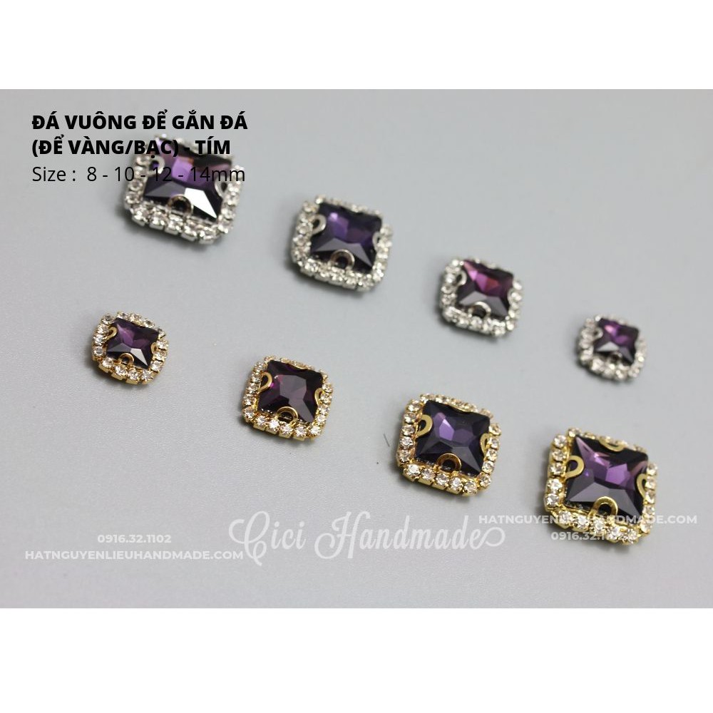 Hạt đá vuông đế vàng/đế bạc viền đá trắng size 10mm Handmade hạt cườm hạt đá trang trí nguyên liệu tự làm
