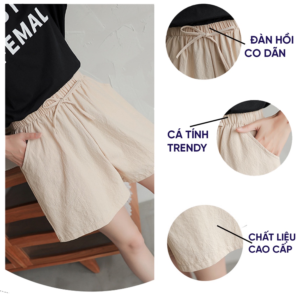 Quần short đùi nữ ống rộng cạp chun cao chất vải đũi mềm mát VAVASA QD09