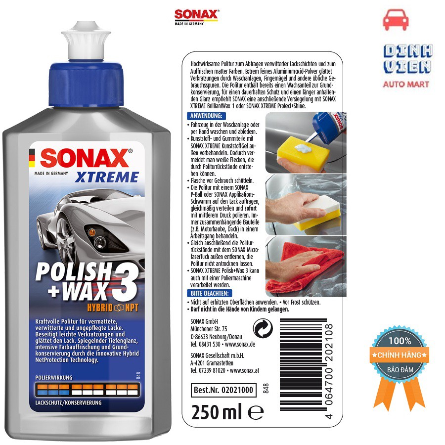 Dung Dịch Đánh Bóng - Xóa Xước - Bảo Vệ Sơn Xe Ô tô Sonax Xtreme Polish And Wax 3 (250ml) 202100. Làm nổi bật màu sắc.