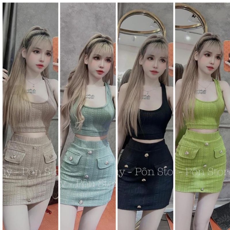 Set Áo Croptop Cổ Vuông Ba Lỗ Sát Nách Và Chân Váy Bút Chì Nút Kiểu Dọc Thân Dáng Ngắn Ôm Body Sexy - Thun Gân Xương Cá