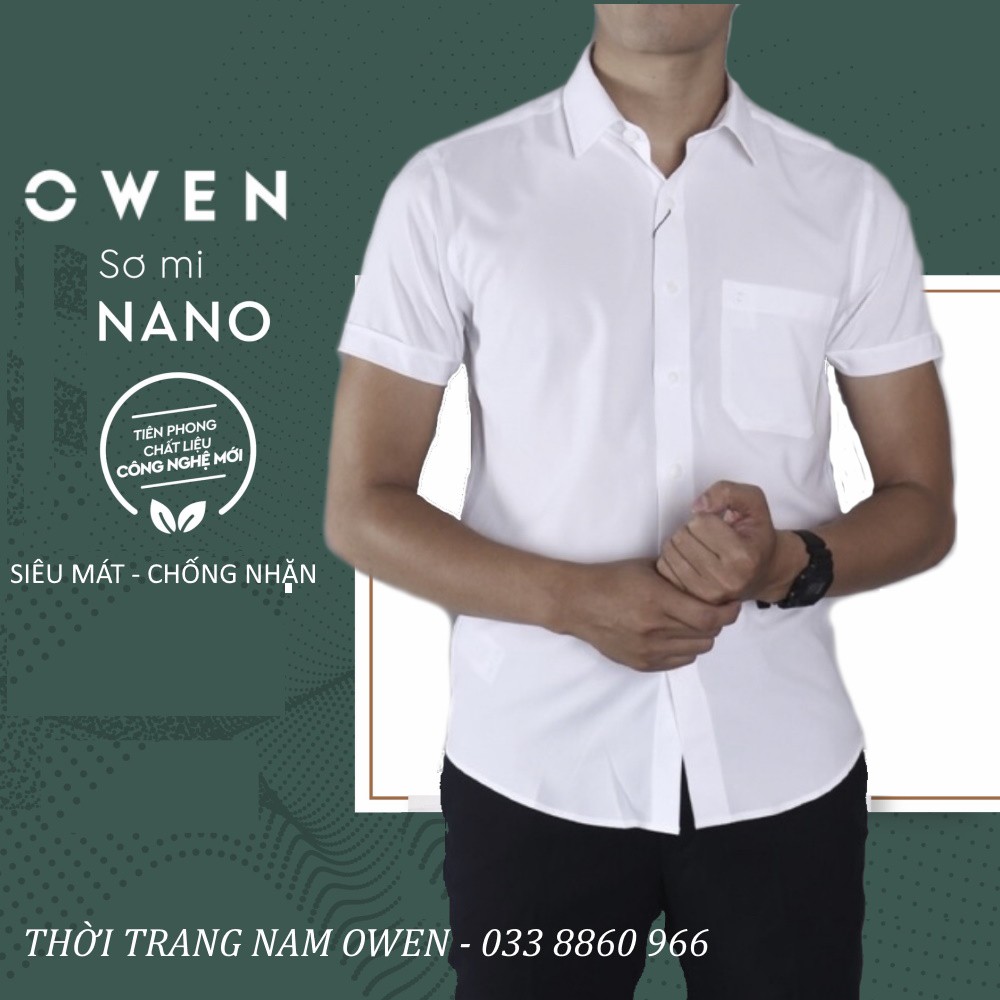 OWEN - Áo sơ mi trắng ngắn tay Owen Regularfit 100% Nano chống nhăn - Áo sơ mi ngắn tay màu trắng trơn