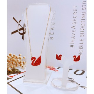 TT6339 - Set titan thiên nga đỏ -bộ trang sức titan cao cấp không đen (dây chuyền mặt lớn, bông tai - màu vàng)