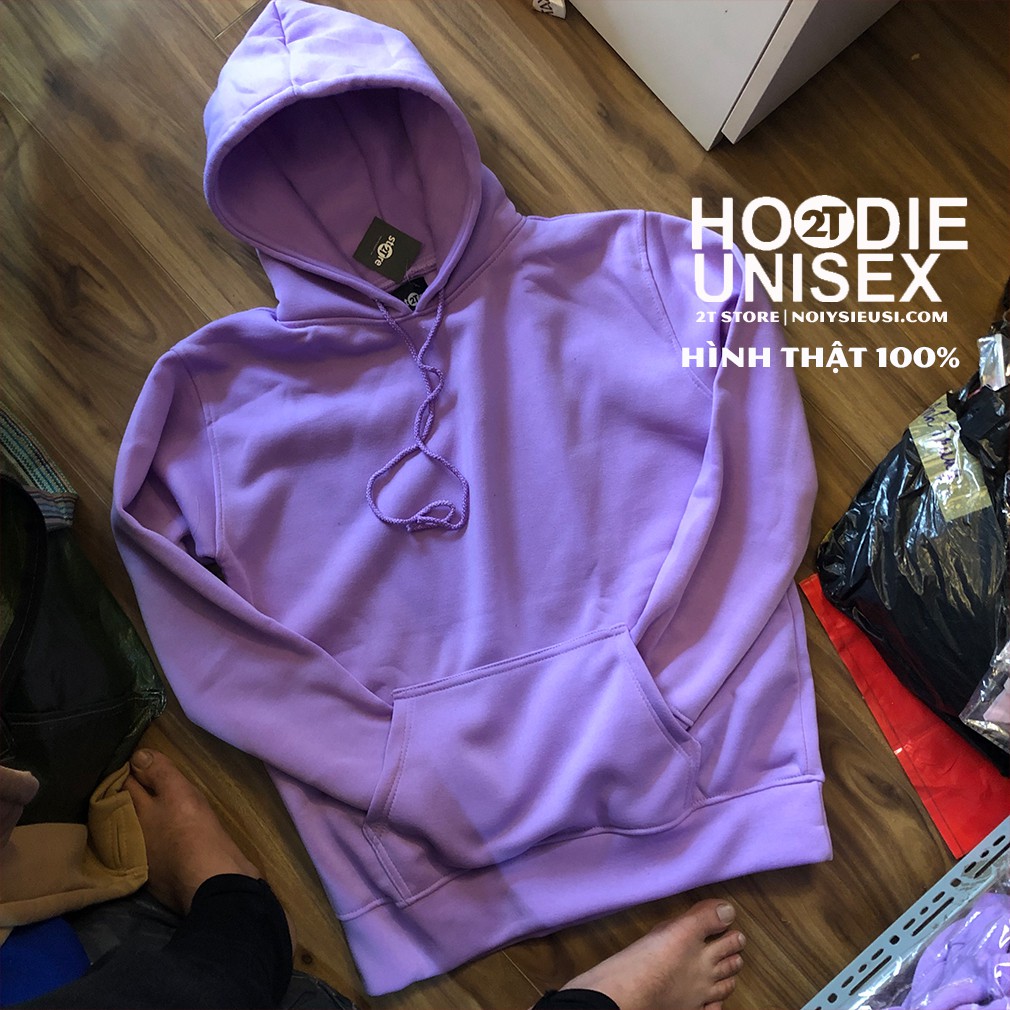 Áo hoodie unisex 2T Store H23 màu tím pastel - Áo khoác nỉ chui đầu nón 2 lớp dày dặn xỏ ngón