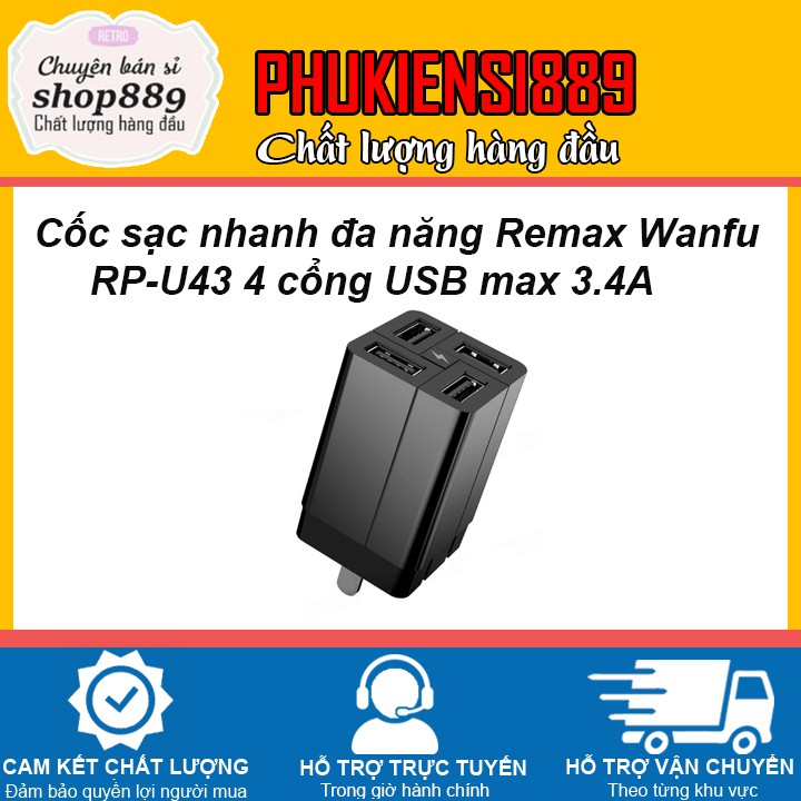 Cốc sạc nhanh đa năng Remax Wanfu RP-U43 4 cổng USB max 3.4A