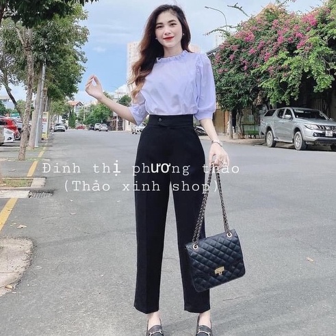 Quần tây đi học nữ lưng cao ống đứng dáng baggy dài bigsize màu đen - Quần vải nữ công sở cạp cao có đai mặc học sinh