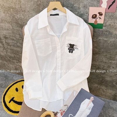 Áo sơ mi nữ hoạ tiết gấu in túi in lưng vạt bầu fom thụng