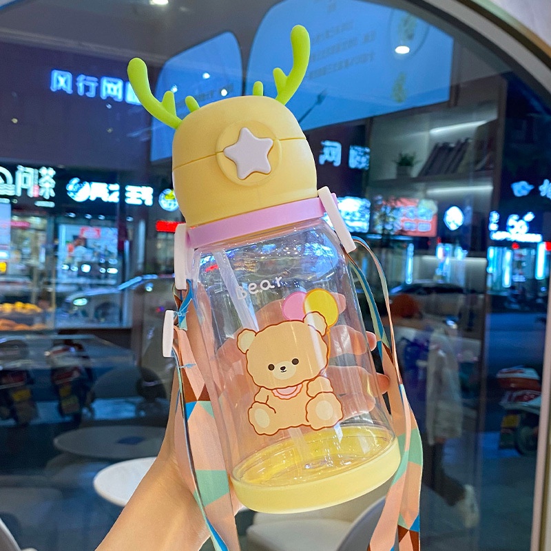 Bình tập uống, bình uống nước cho bé 350ml tai hươu (tặng kèm ống hút và dây đeo)