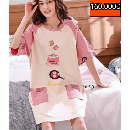Siae L, XL, 2XL (45KG - 63KG) - Đầm Suông Thun Cotton Co Giãn - In Hình Gấu - Hàng Quảng Châu