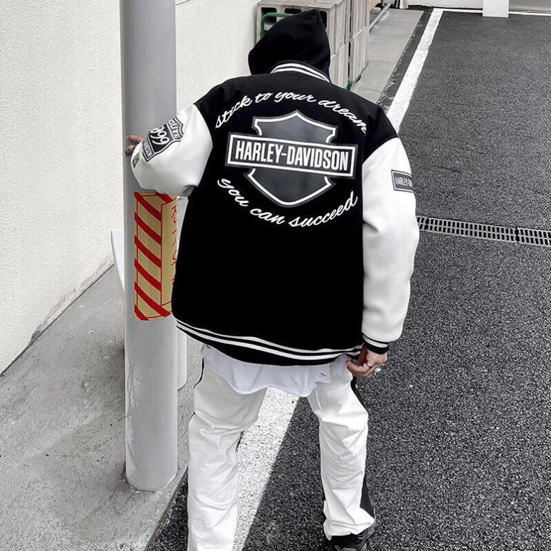 Áo Khoác Gió Bomber Chất Dù Harley Dáng Rộng  Phối Tay Unisex Basic